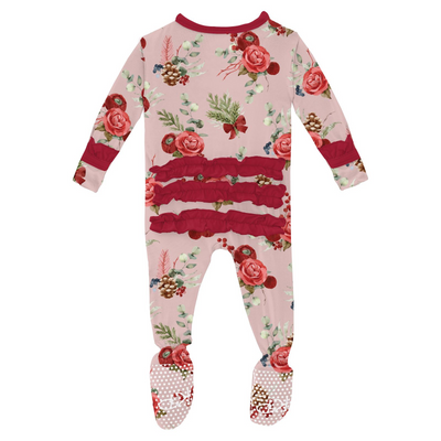 baby rose holiday print layette ruffle footie w/ 2 way zipper