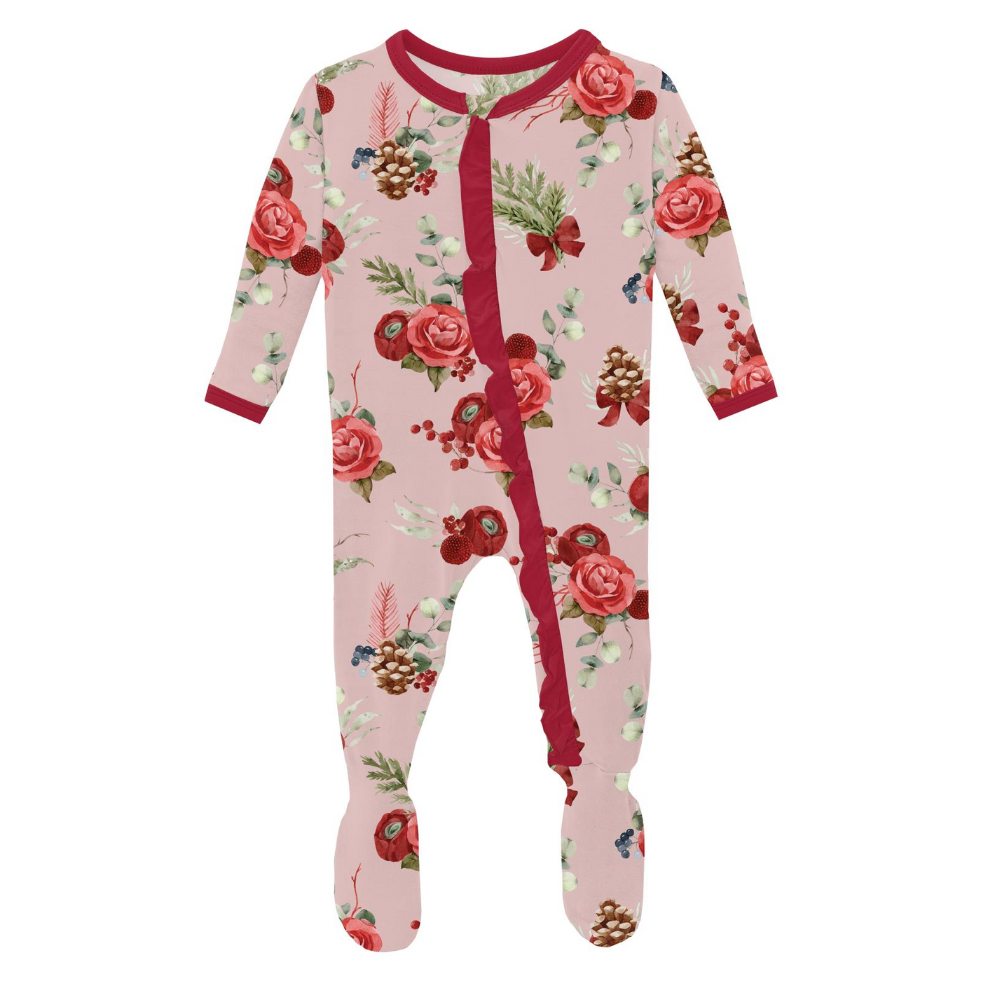 baby rose holiday print layette ruffle footie w/ 2 way zipper
