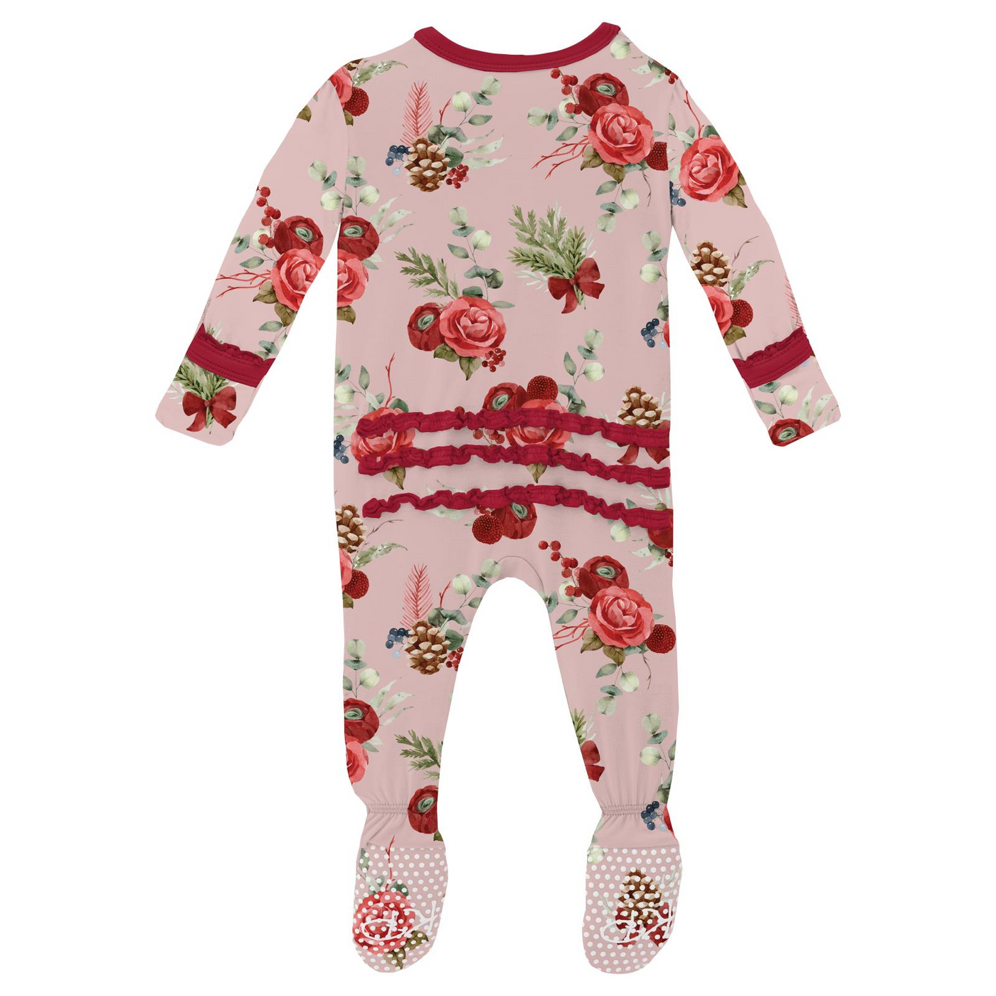 baby rose holiday floral print muffin ruffle footie w/ 2 way zipper