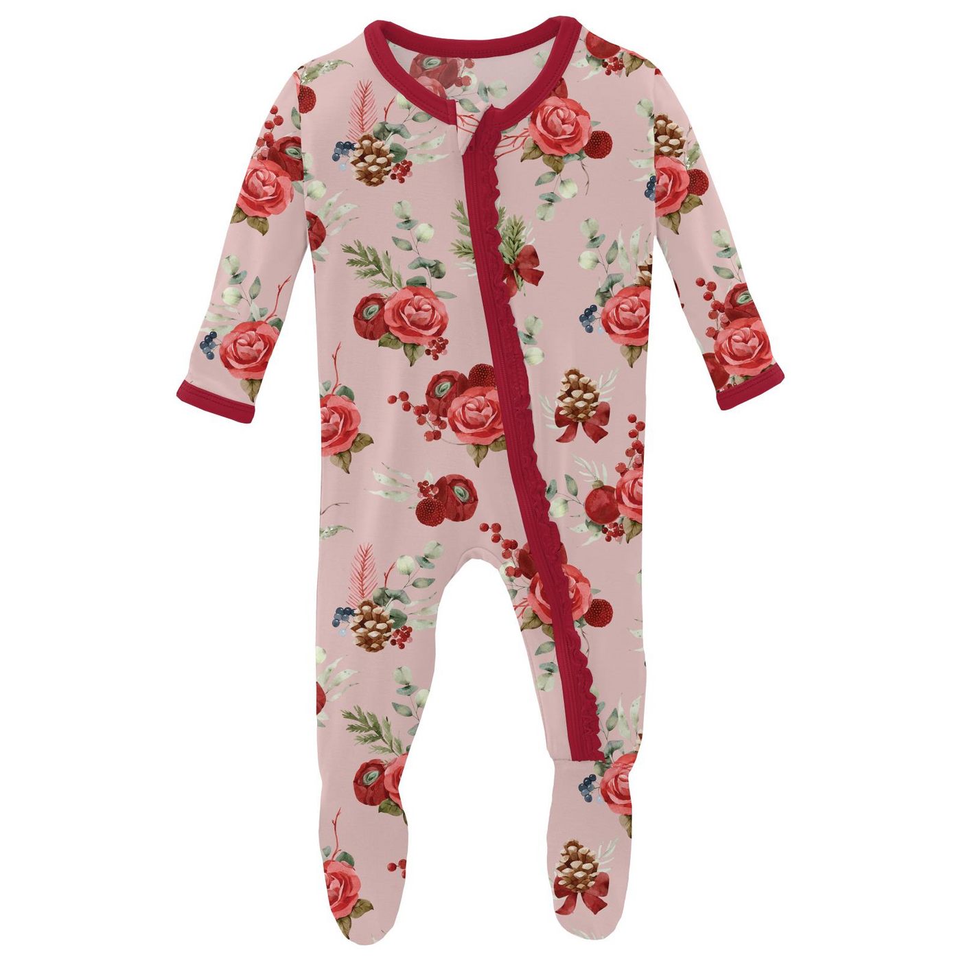 baby rose holiday floral print muffin ruffle footie w/ 2 way zipper