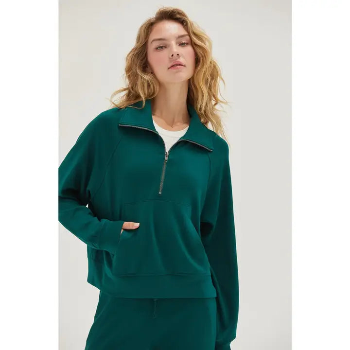 dark green zip up collar sweatshirt