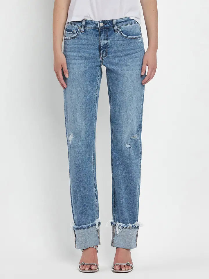 mid rise cuffed straight jeans