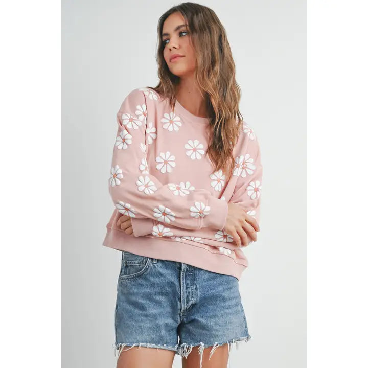 peach daisy round neck sweatshirt