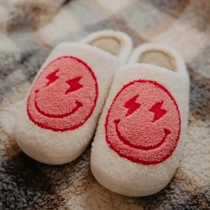 pink lightning bolt happy face white slippers