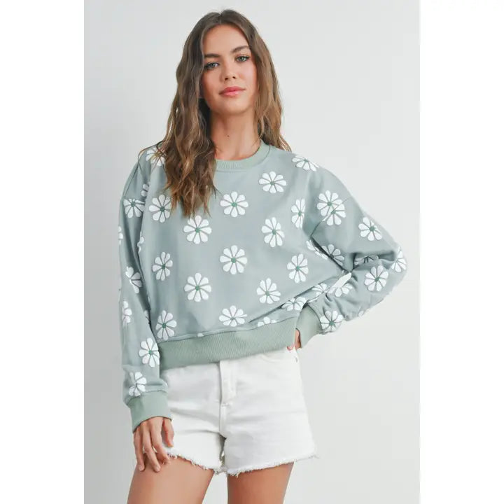 sage daisy round neck sweatshirt