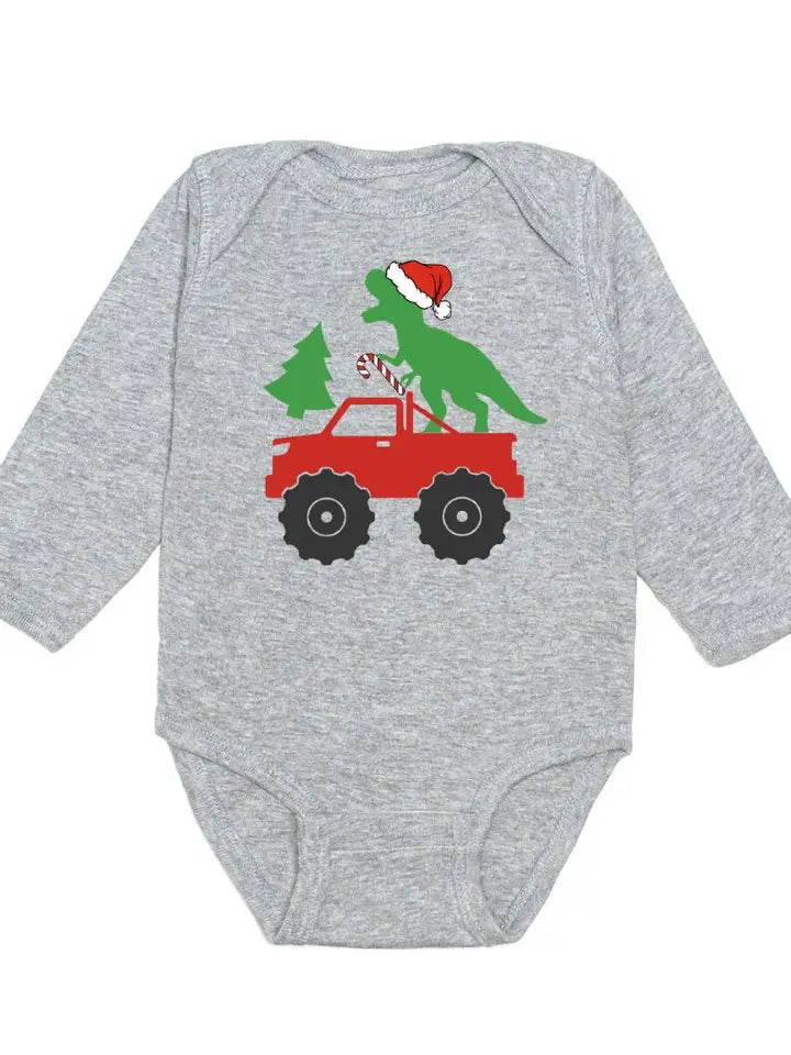 santa dino monster truck Christmas long sleeve bodysuit