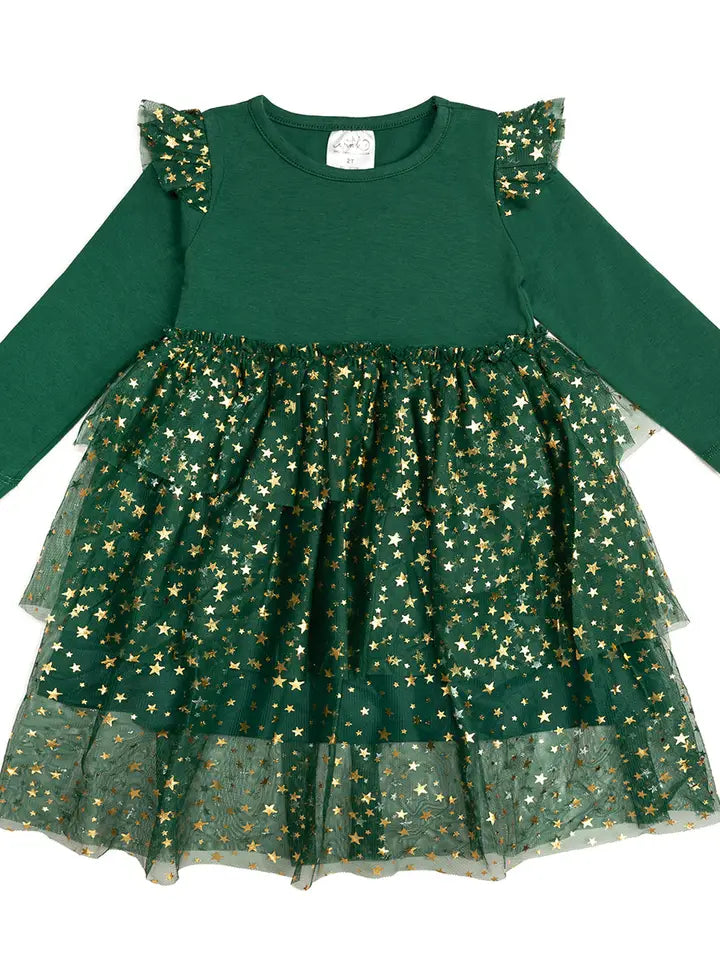 emerald shimmer Christmas long sleeve tutu dress