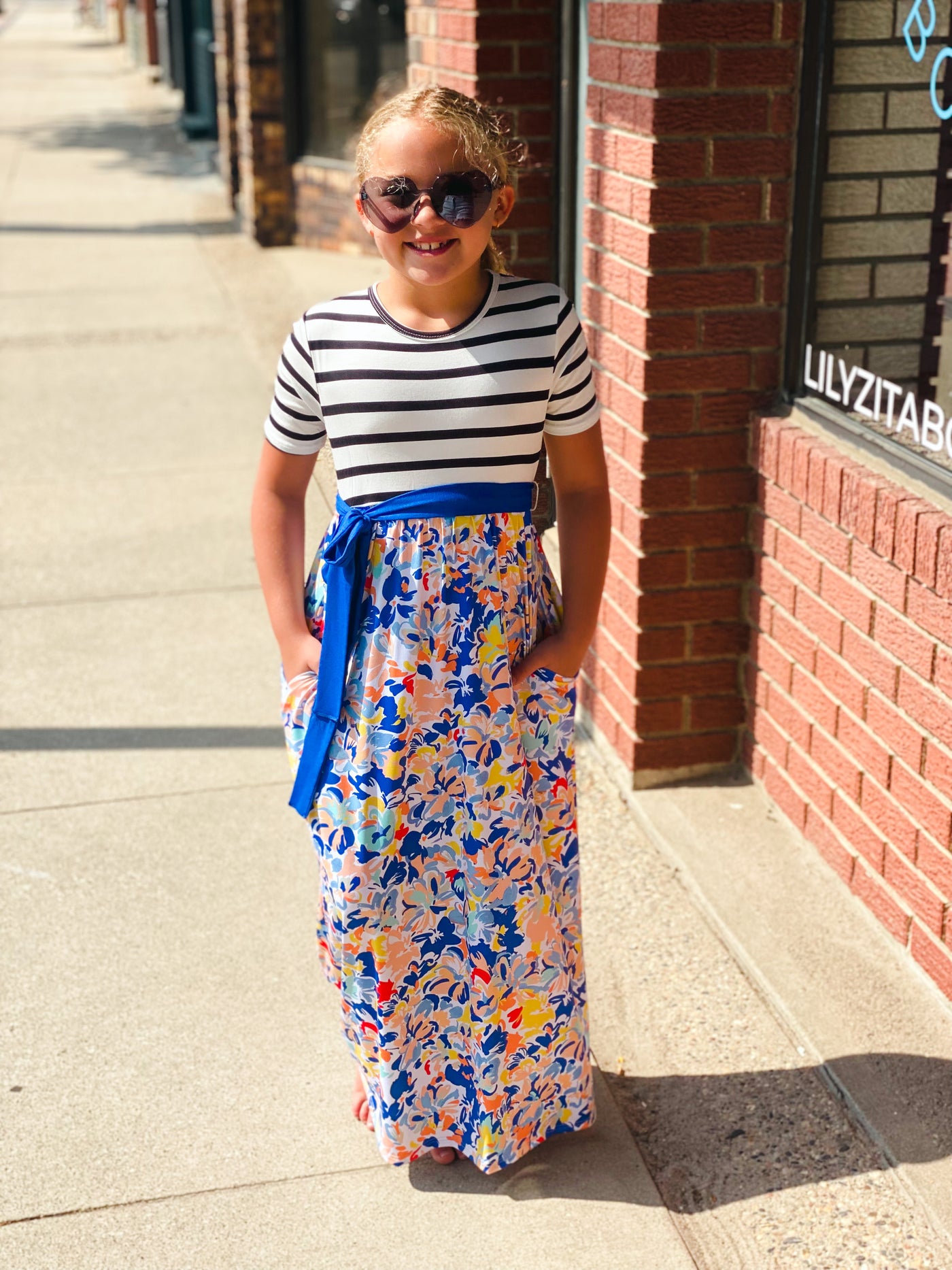 girls royal stripe and floral maxi dress