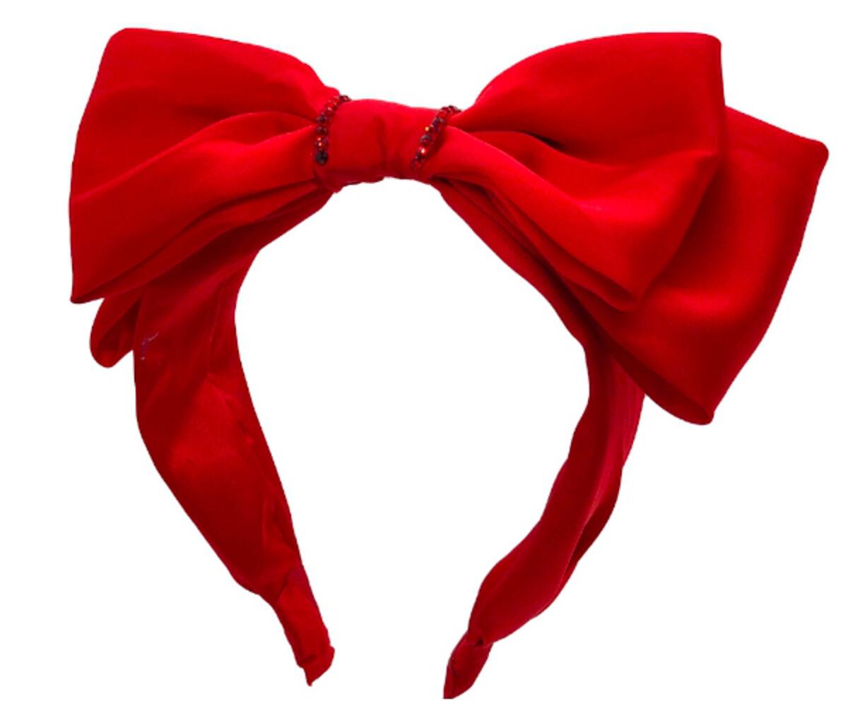 red long satin bow w/ stones headband