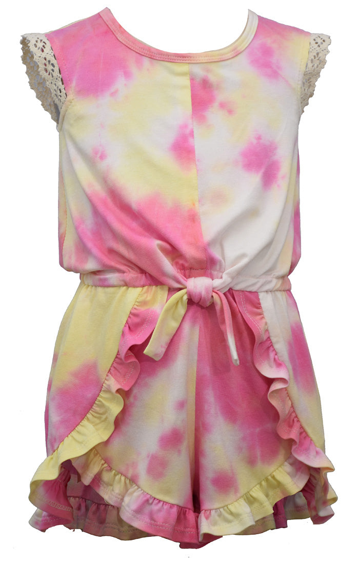 PINK AND YELLOW TIE DYE KNIT SHORT ROMPER