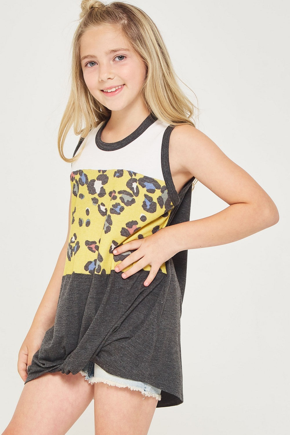 CHARCOAL YELLOW LEOPARD COLOR BLOCK TANK