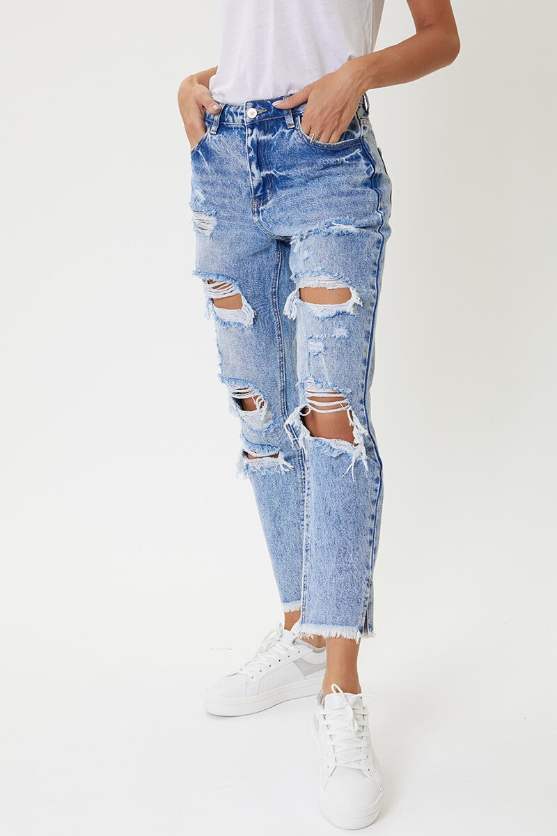 super high rise distressed MOM jeans