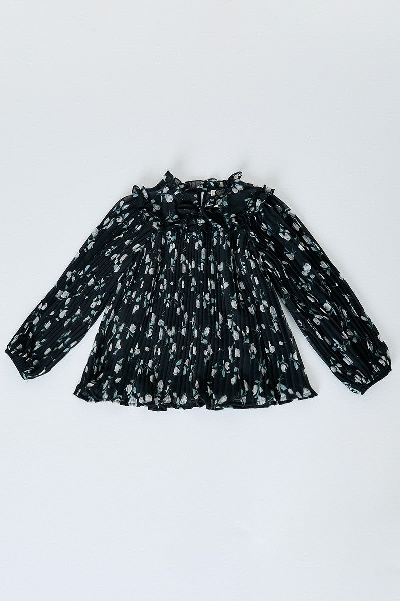 BLACK FLORAL PLEATED FRONT TIE BLOUSE