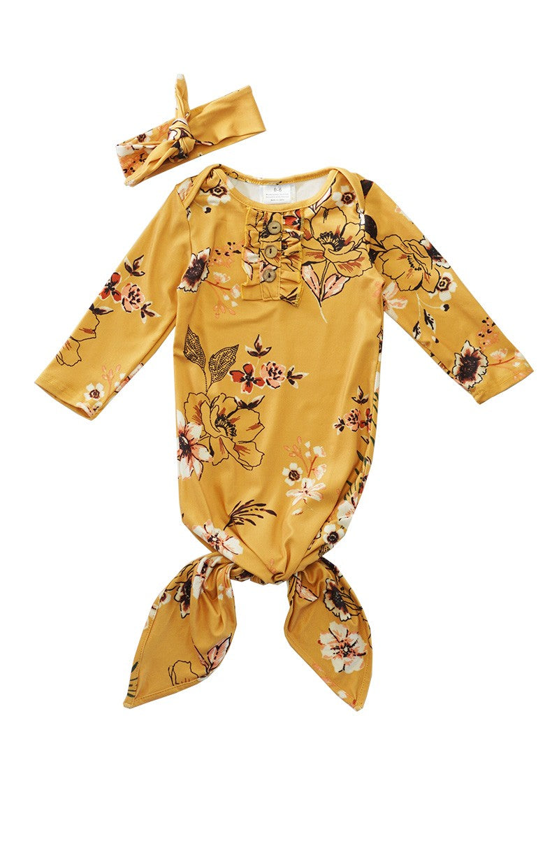 MUSTARD FLORAL BABY GOWN W/ MATCHING HEADBAND