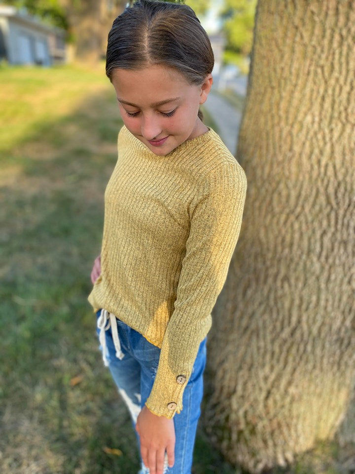 KATIE MUSTARD RIBBED LS BUTTON TOP