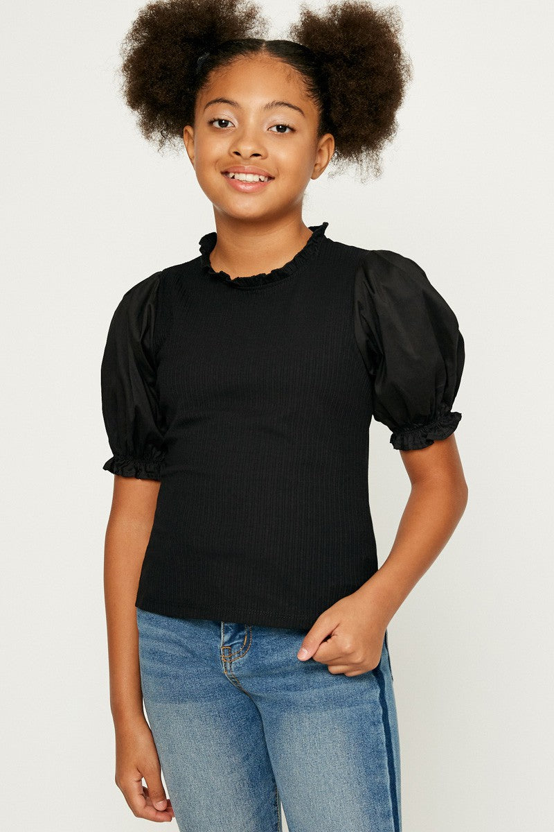 black pleated cinched sleeve top