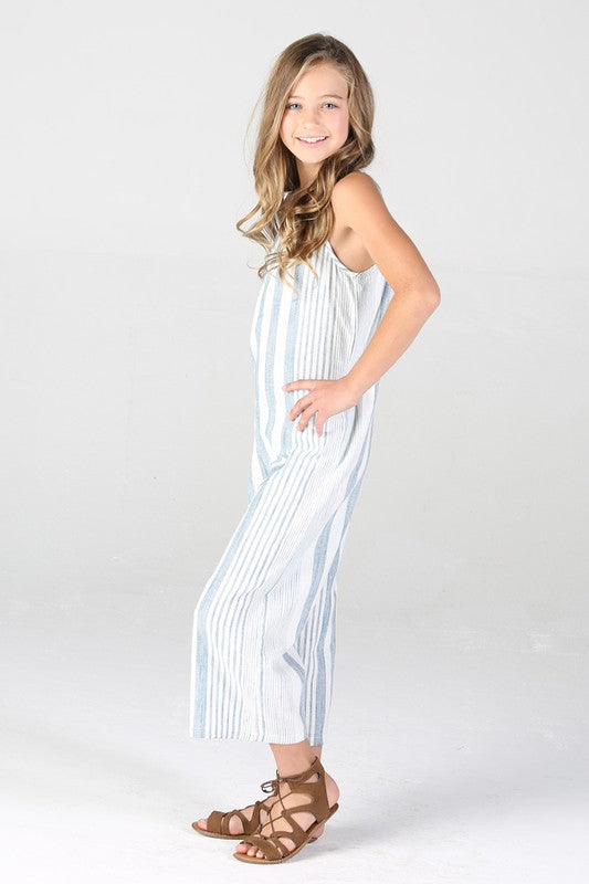 WHITE/BLUE PULL ON JUMPSUIT