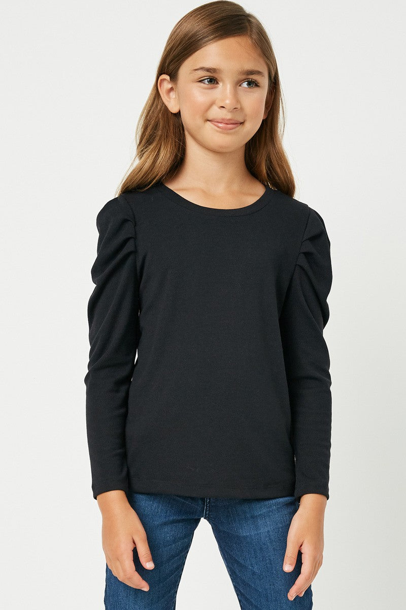 girls black pleated puff shoulder knit top