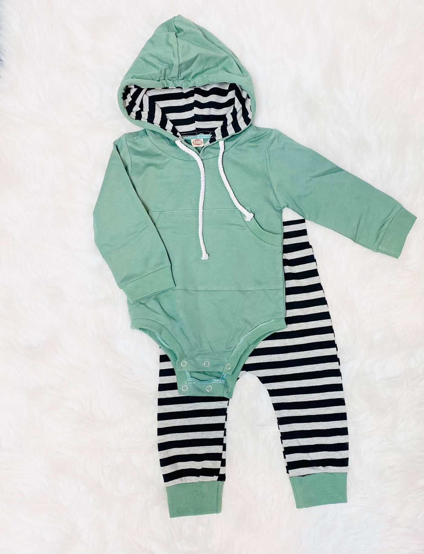olive striped 2 piece hooded set