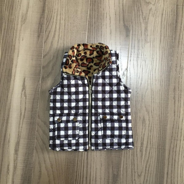 black and white check and leopard reversible vest