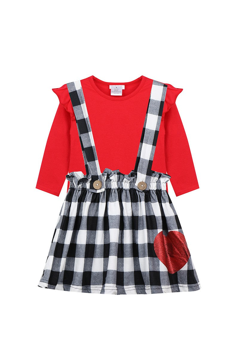 red black and white plaid suspender skirt set