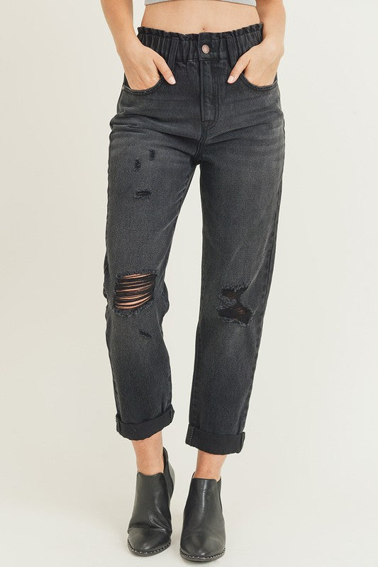 black elastic band distressed mom jeans