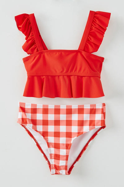 red ruffle and plaid 2 pc swimsuit