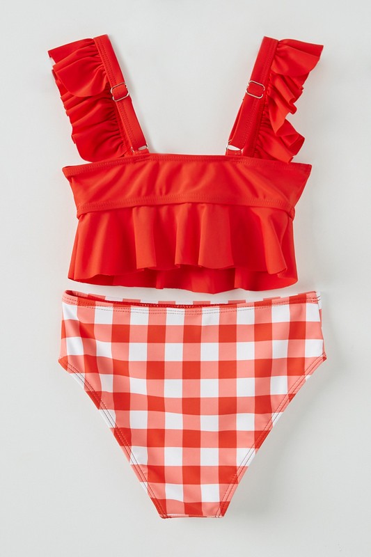 red ruffle and plaid 2 pc swimsuit