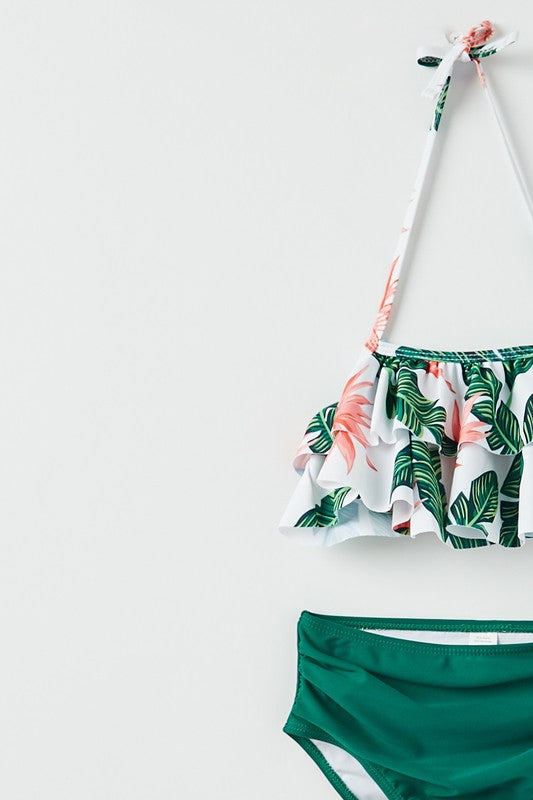 green floral ruffle swimsuit