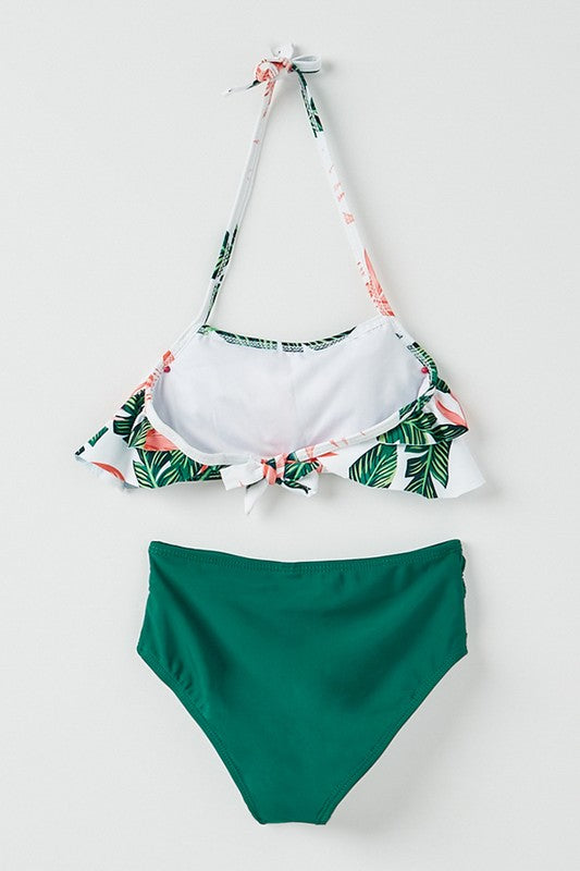 green floral ruffle swimsuit