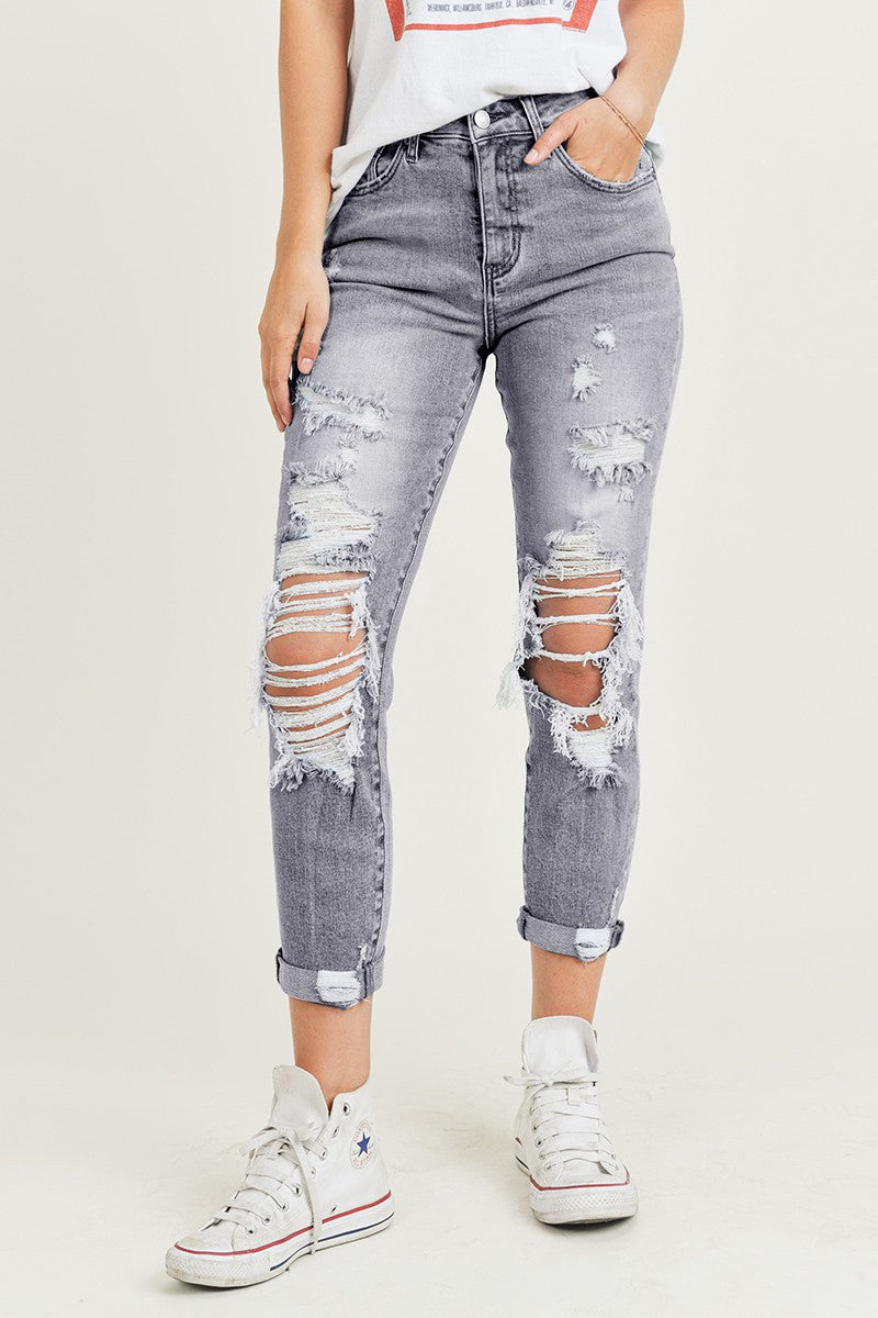 high rise relaxed fit roll up distressed jeans