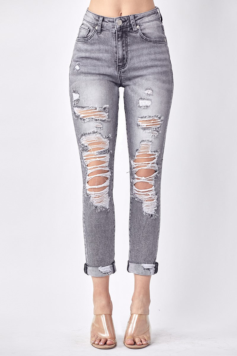 distressed relaxed grey roll up jean