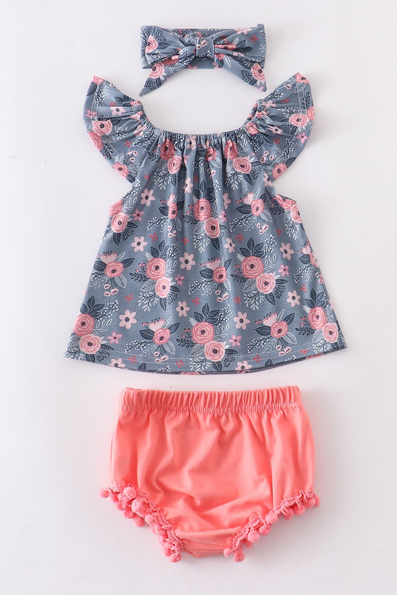 coral grey pom shorts set