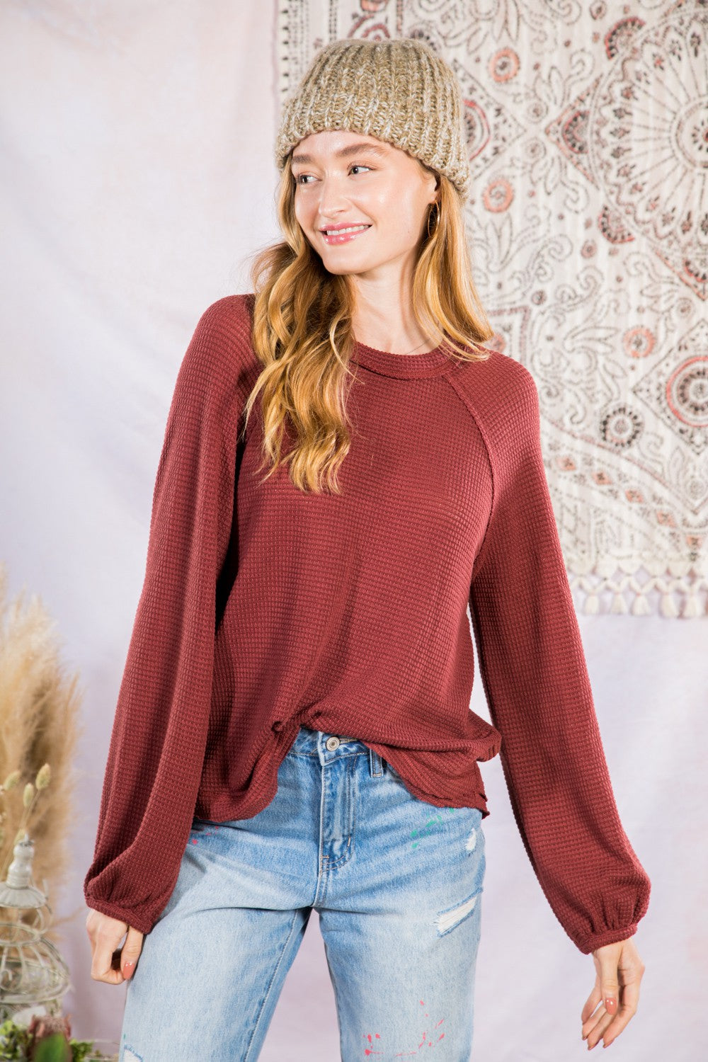 plum solid waffle knit comfy top