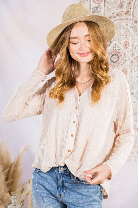 mabel beige waffle button up twist top
