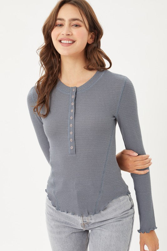 andrea long sleeve steele button knit top
