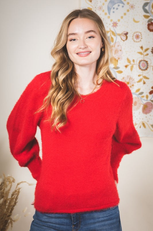 red balloon sleeve fuzzy sweater