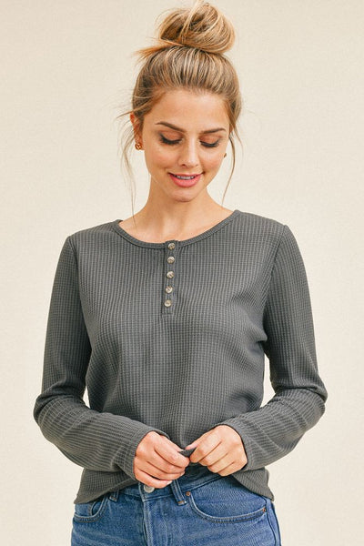 charcoal ls 5 button scoop neck waffle top