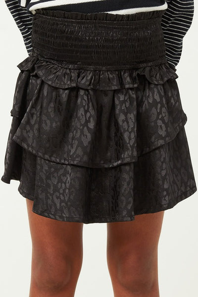 girls black satin leopard print smocked skirt