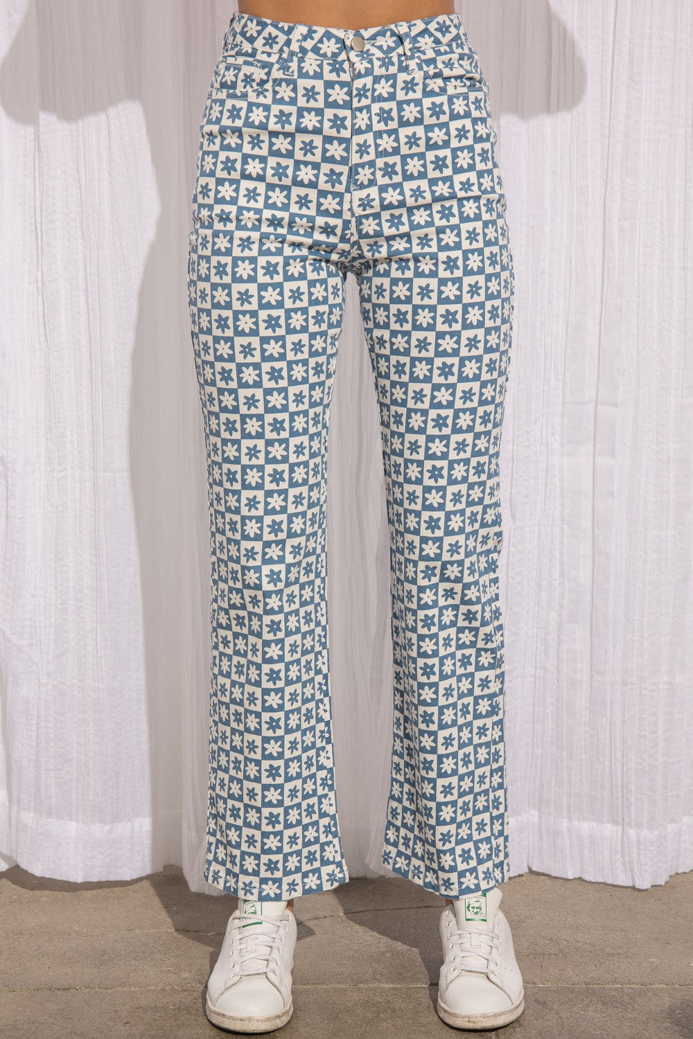 checkered floral print pants