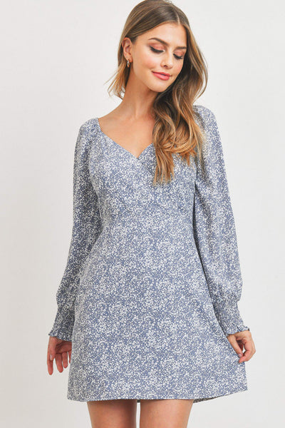 blue/white ditsy floral long sleeve surplice dress