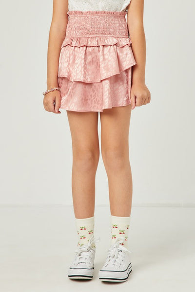 girls pink satin leopard print smocked skirt
