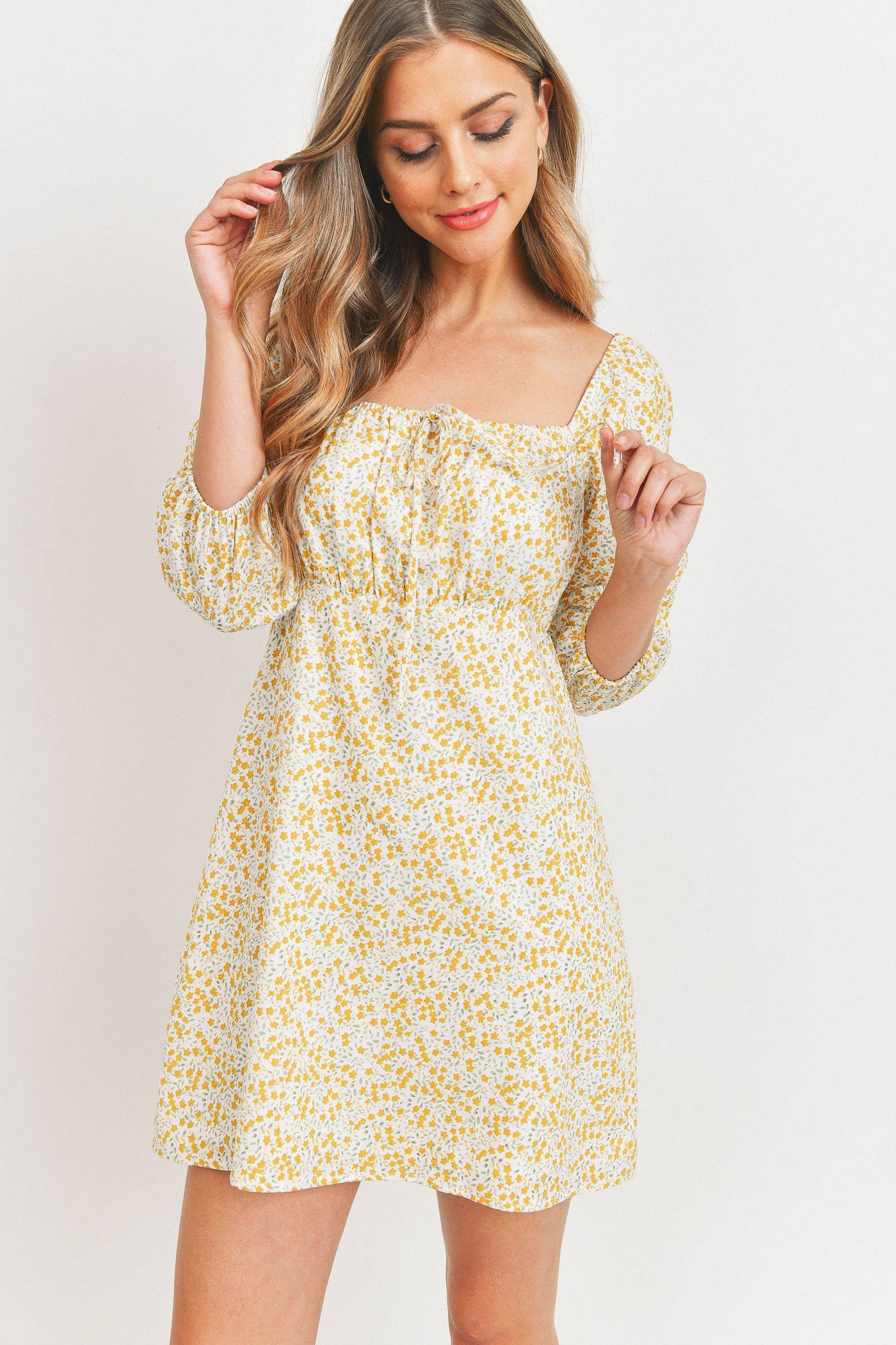yellow floral ditsy print self tie front 3/4 sleeve dress