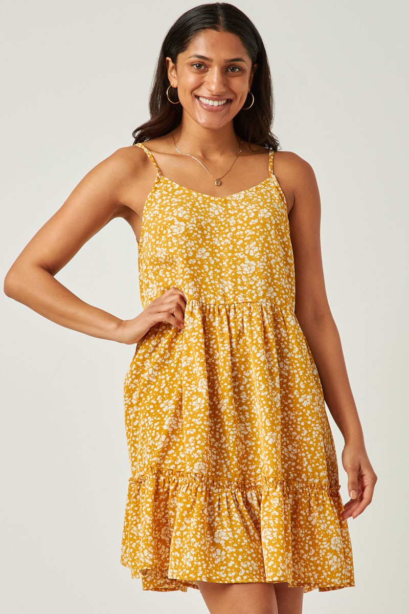 mustard floral tiered sleevless dress - junior