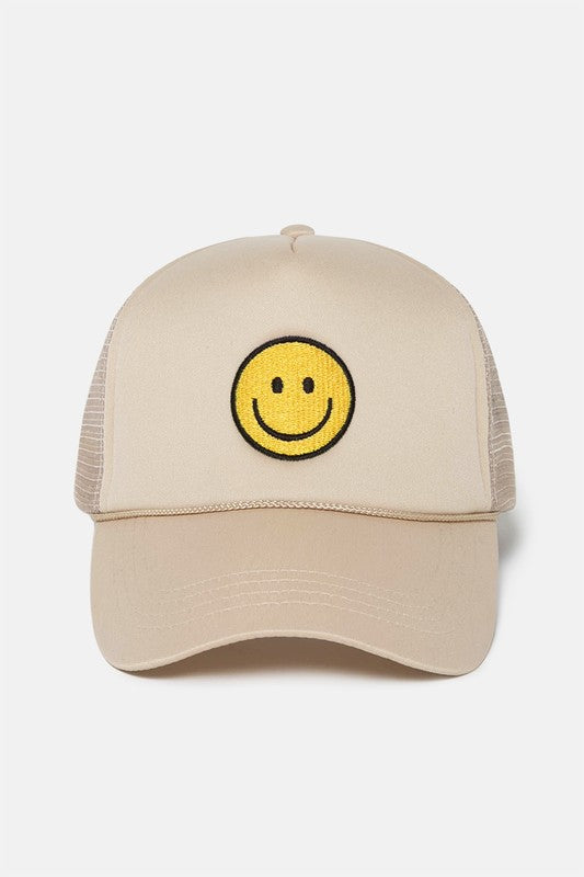 beige happy face trucker hat