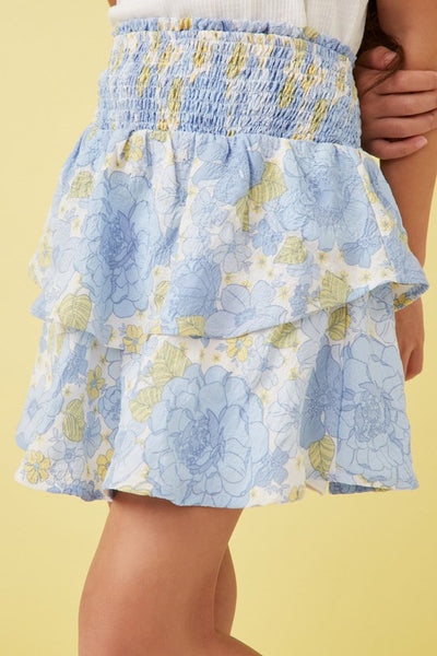 girls blue floral smocked waist layered skirt