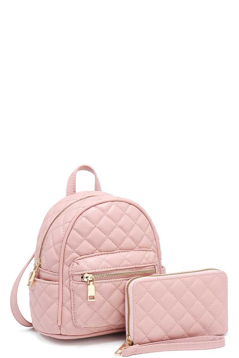pink quilted zipper backpack w/ wallet