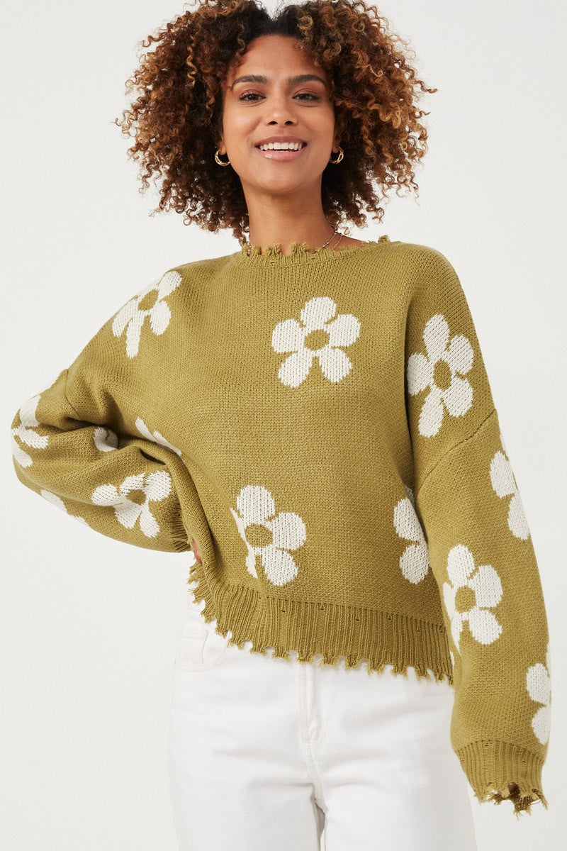 olive distressed floral patterned sweater