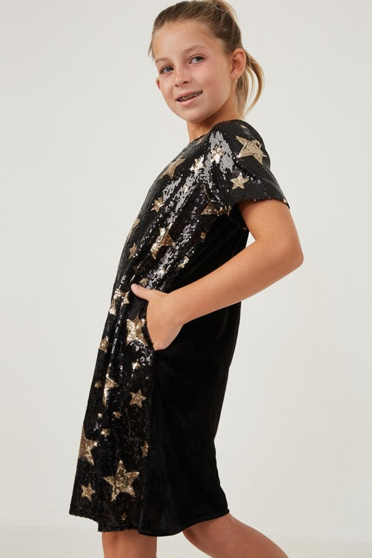 black and gold sequin star pattern dress