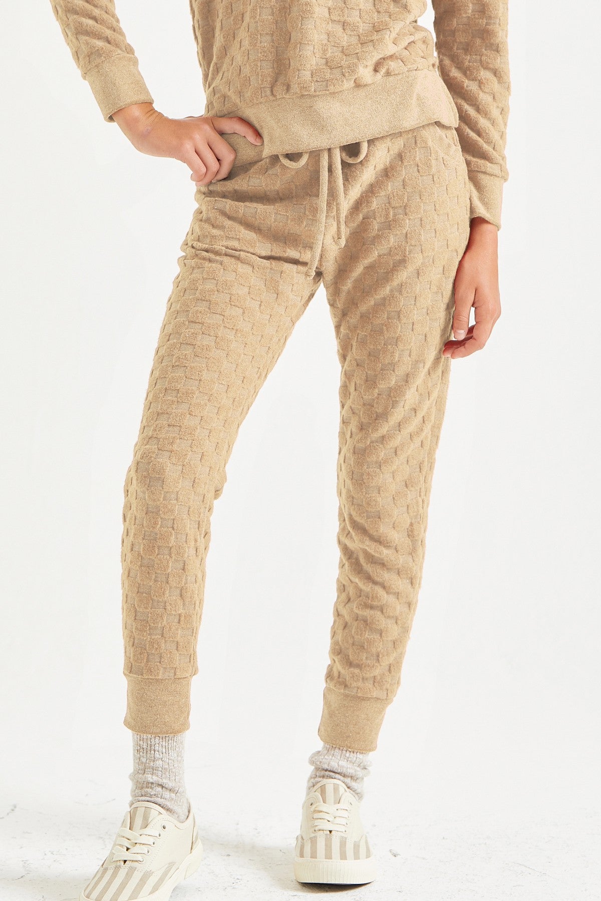 taupe checker brushed knit joggers
